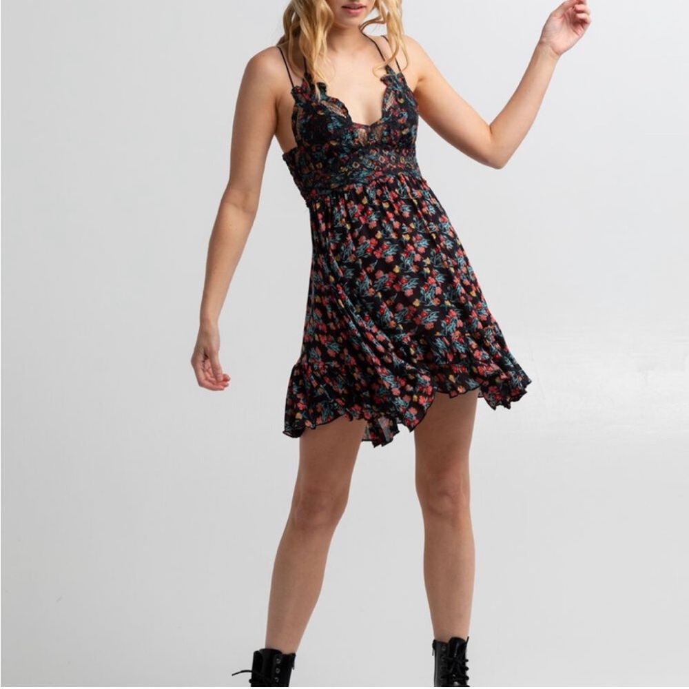 NEW Free People One Adella Printed Slip Mini Crochet Lace Dress